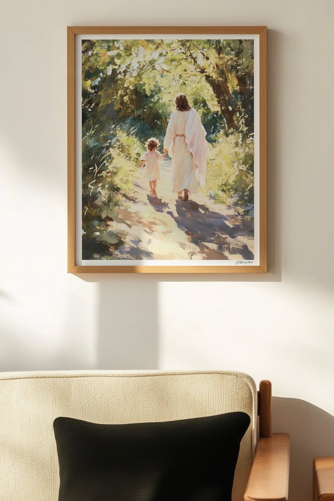 Guide Me in Truth Christian art, oak frame on wall above chair