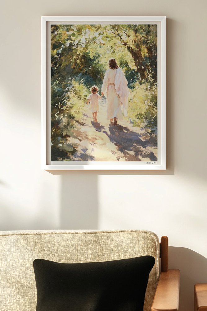 Guide Me in Truth Christian art, white frame on wall above chair