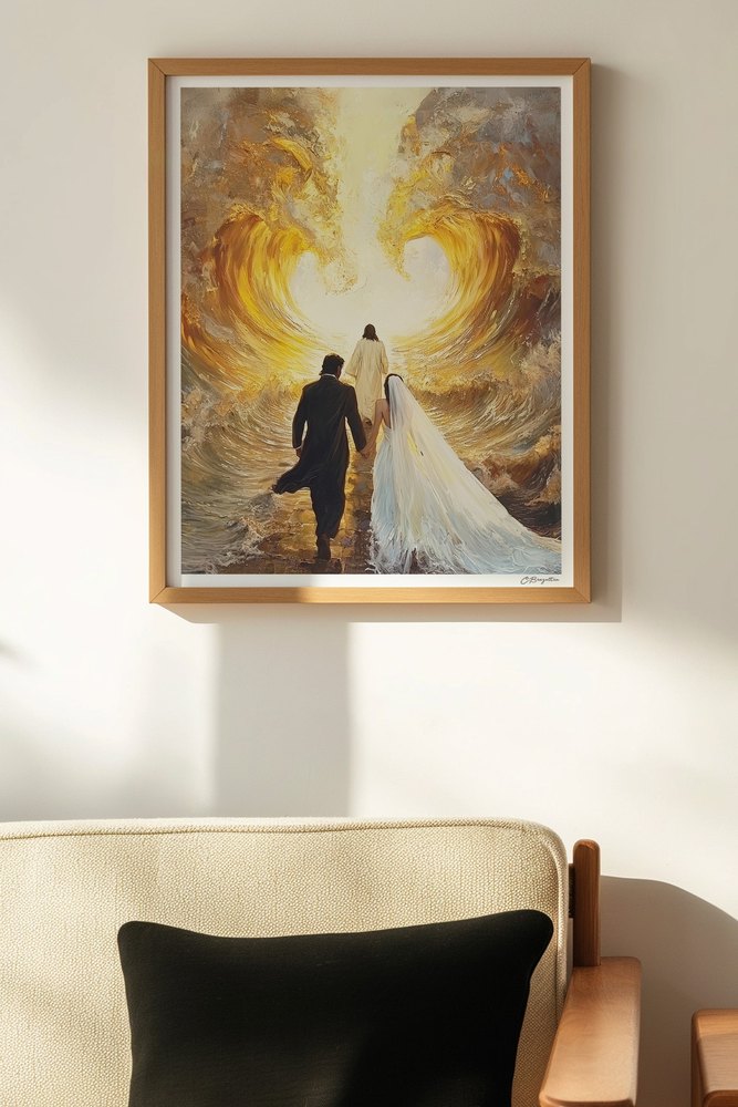 Guided by Him #2 Christian art, oak frame on wall above chair