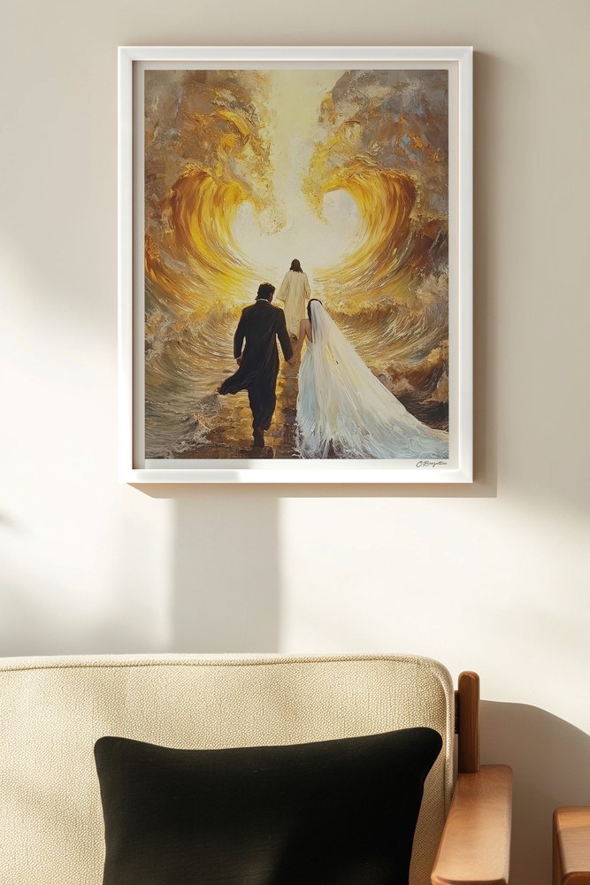 Guided by Him #2 Christian art, white frame on wall above chair