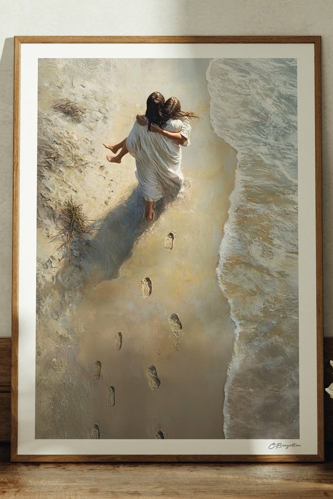 He Carried Me - Jesus carrying a woman along the shore, footprints in the sand, signed art in oak frame