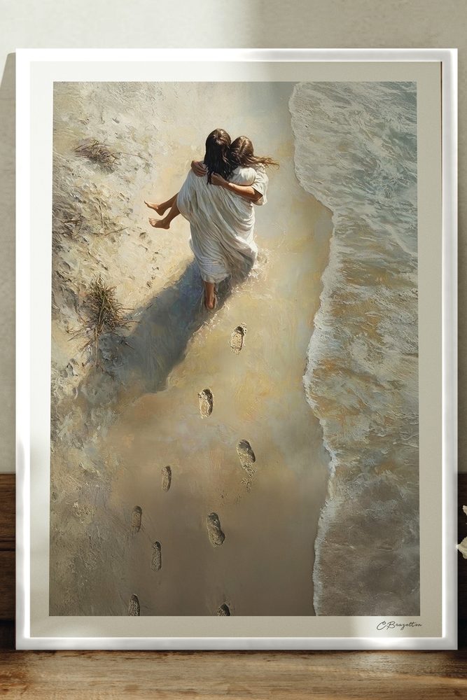He Carried Me - footprints in the sand Jesus art, signed print in a white frame