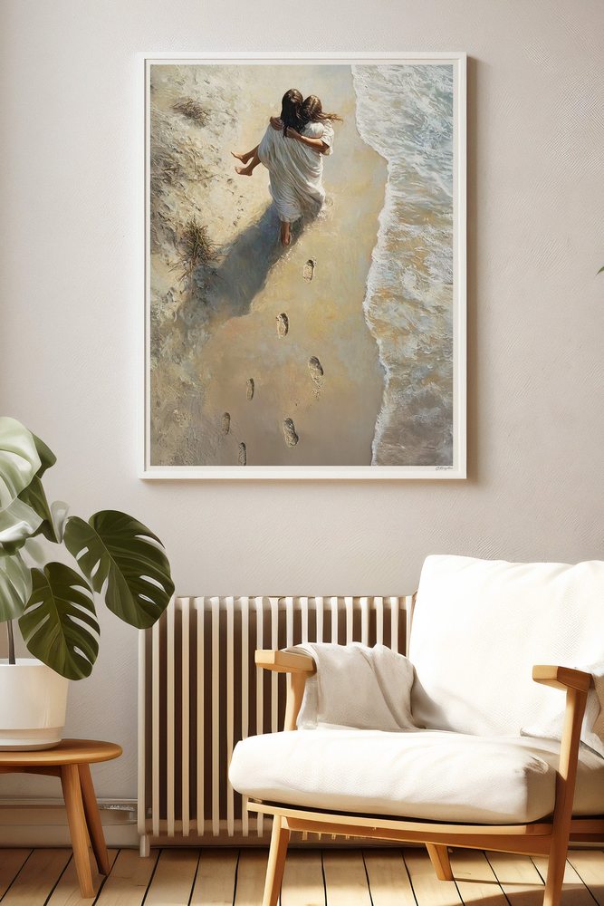 He Carried Me art in a white frame in a living room