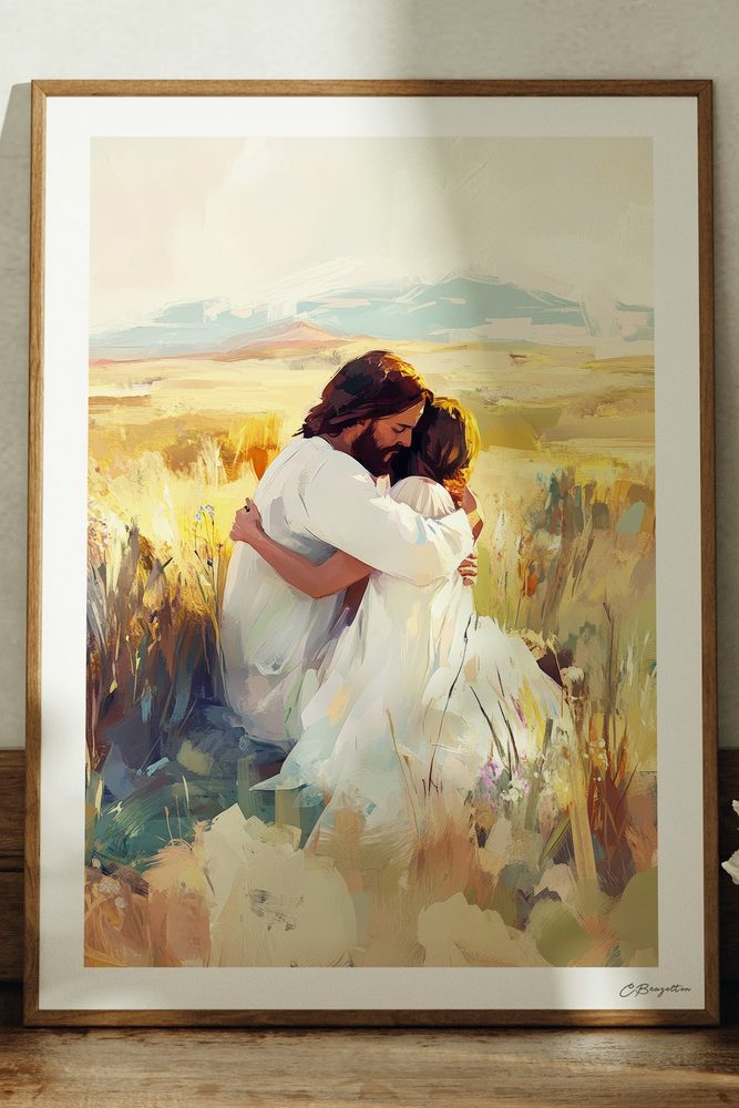 Healer of My Heart Christian art, oak frame leaning on ledge