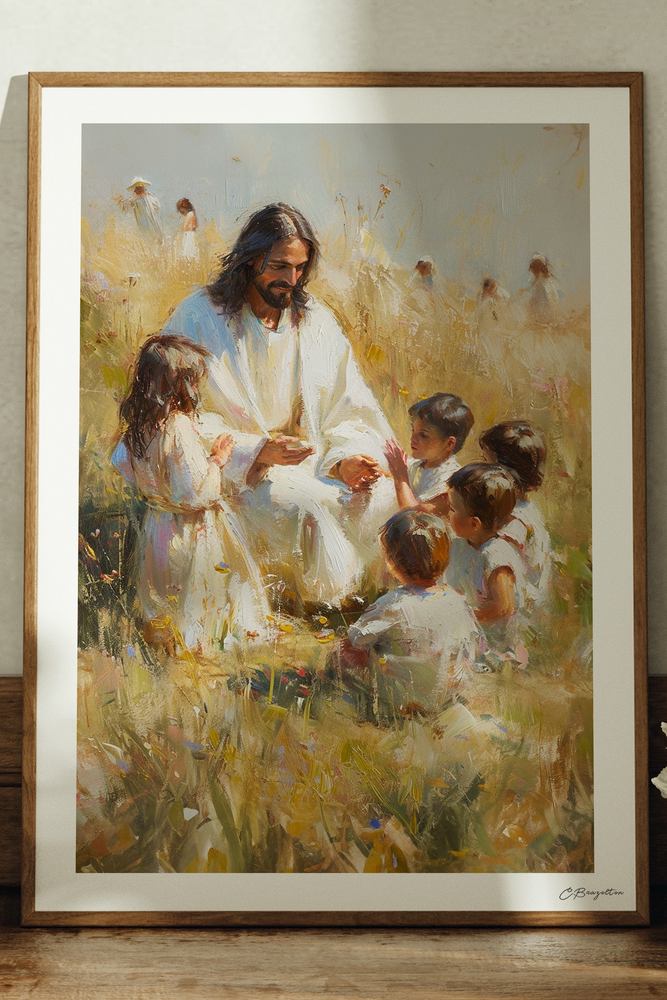 Hear Him Christian art, oak frame leaning on ledge