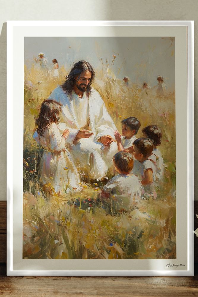 Hear Him Christian art, white frame leaning on ledge
