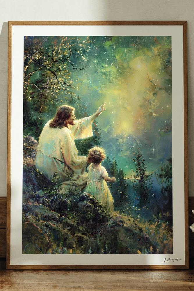 Heavens Declare Christian art, oak frame leaning on ledge