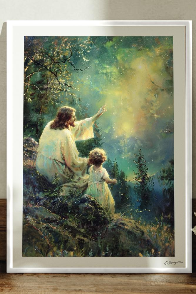 Heavens Declare Christian art, white frame leaning on ledge