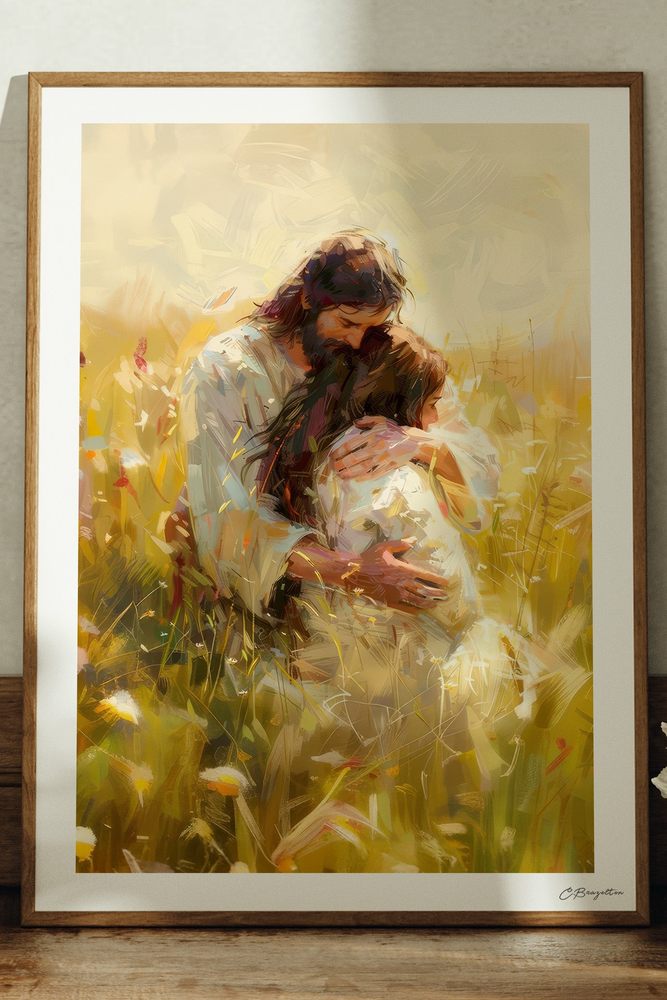 Held by My Savior Christian art, oak frame leaning on ledge