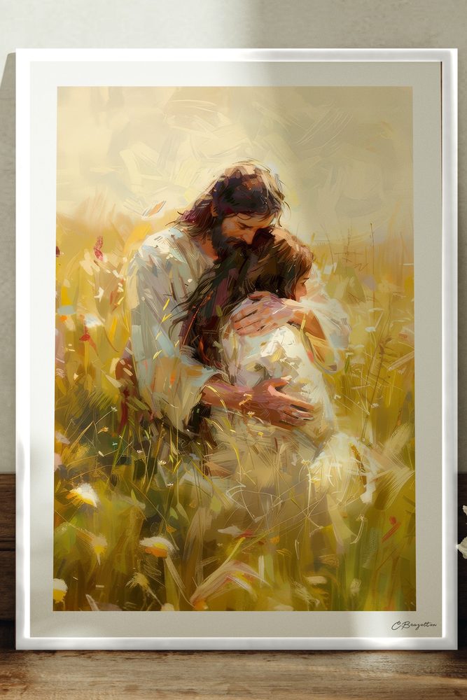 Held by My Savior Christian art, white frame leaning on ledge