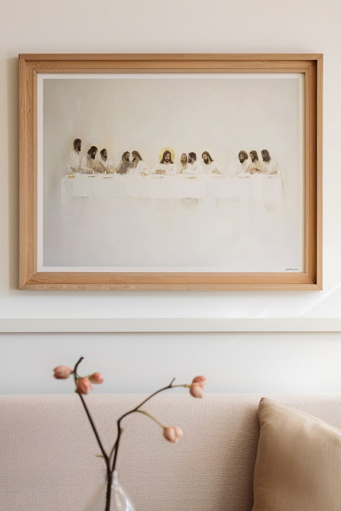 In Remembrance #2 Christian art, oak frame on wall above sofa