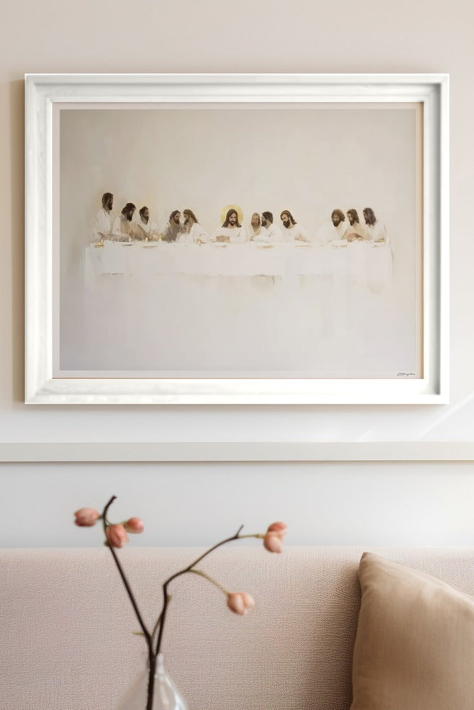 In Remembrance #2 Christian art, white frame on wall above sofa