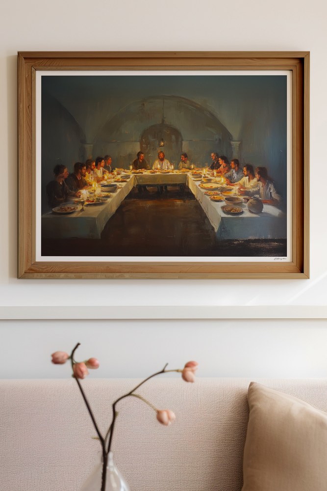 In Remembrance Christian art, oak frame on living room wall