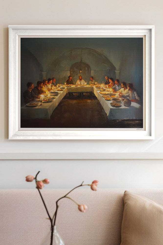 In Remembrance Christian art, white frame on living room wall