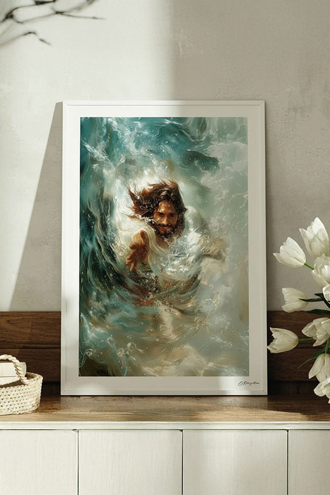 Jesus Saves Christian art in a white frame