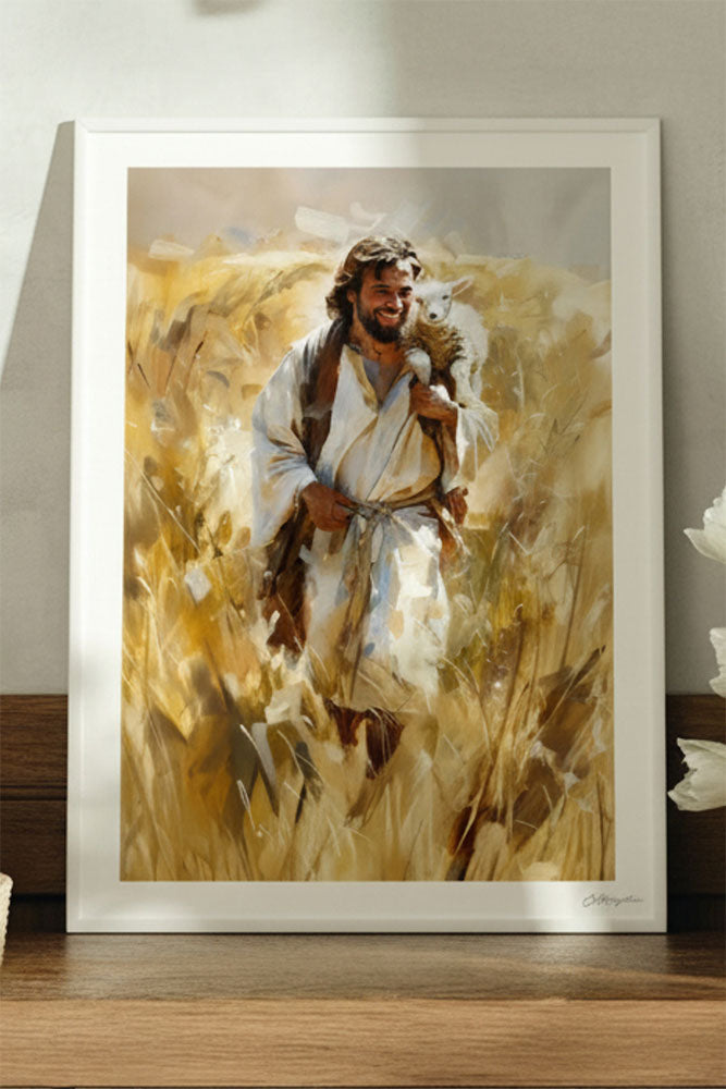 Joyful Shepherd Christian art in a white frame