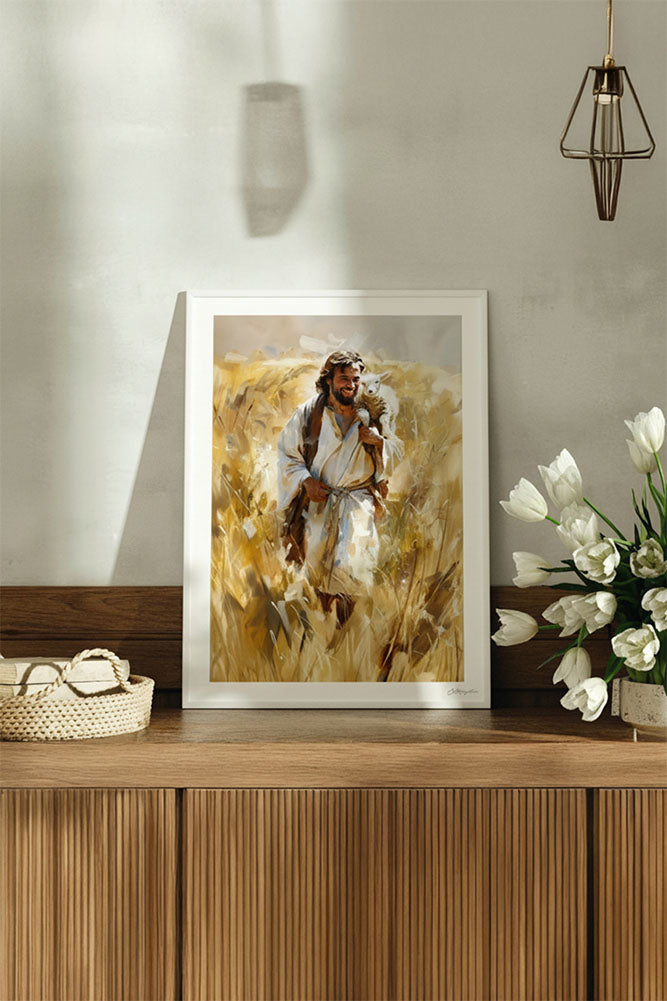 Joyful Shepherd Christian art in a white frame
