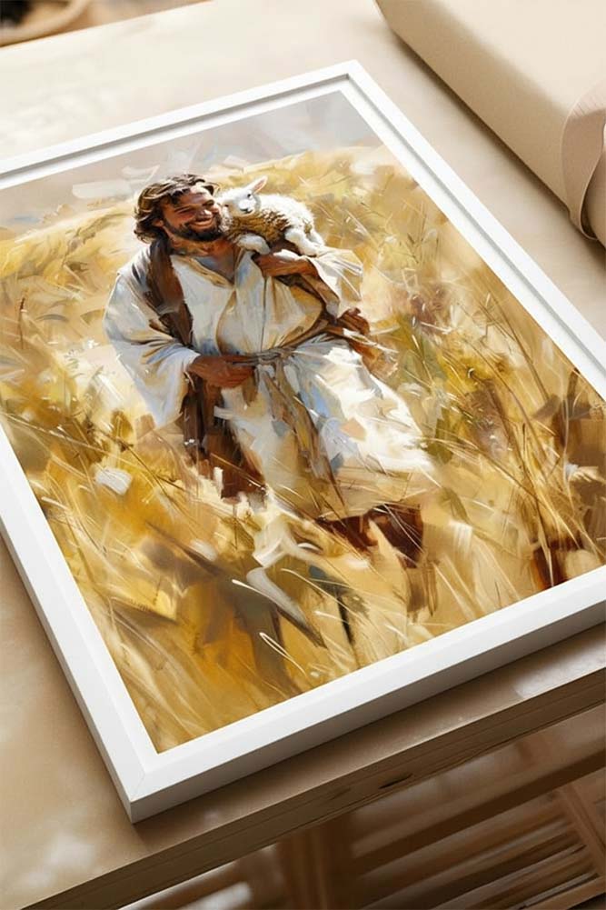 Joyful Shepherd Christian art in a white frame