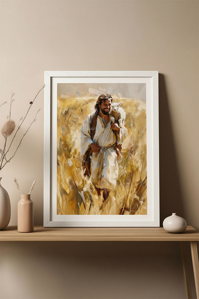Joyful Shepherd Christian art in a white frame