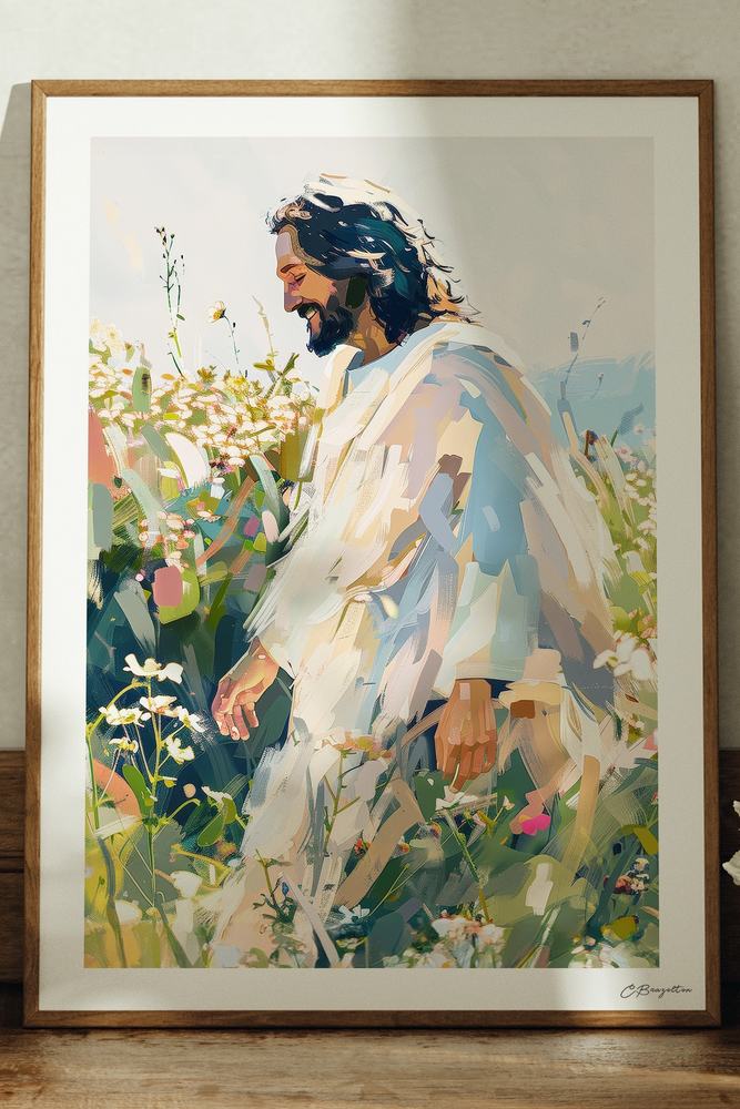 Let All Creation Rejoice Christian art, oak frame leaning on ledge