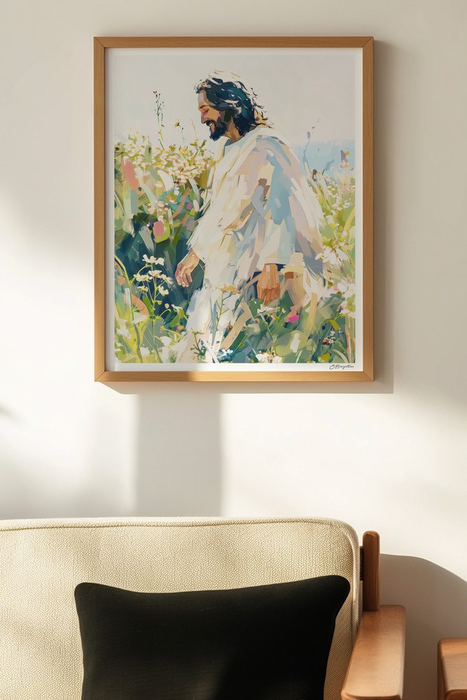 Let All Creation Rejoice Christian art, oak frame on wall above chair