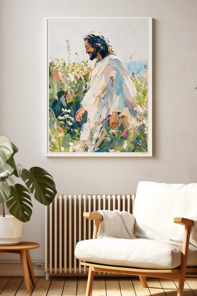 Let All Creation Rejoice Christian art, white frame in living room