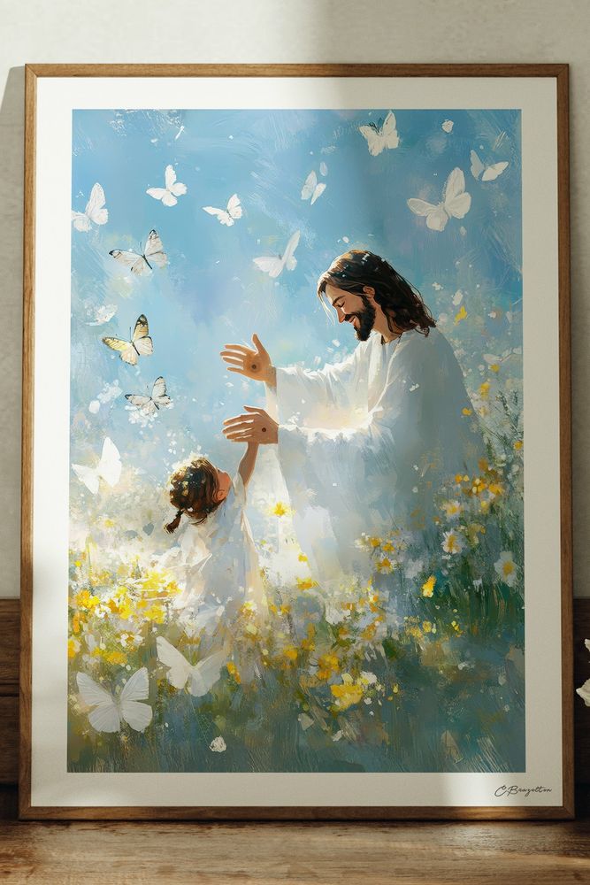 Made New Christian art, oak frame leaning on ledge