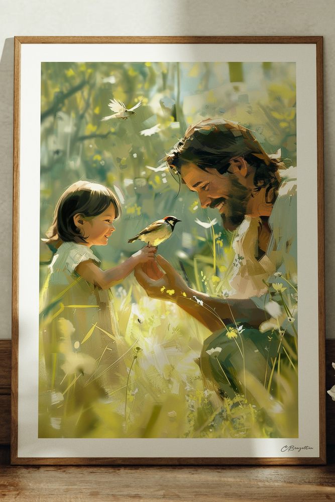 More Than Sparrows Christian art, oak frame leaning on ledge