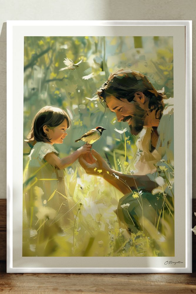 More Than Sparrows Christian art, white frame leaning on ledge