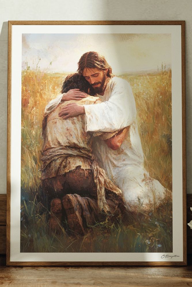 Prodigal Christian art, oak frame leaning on ledge