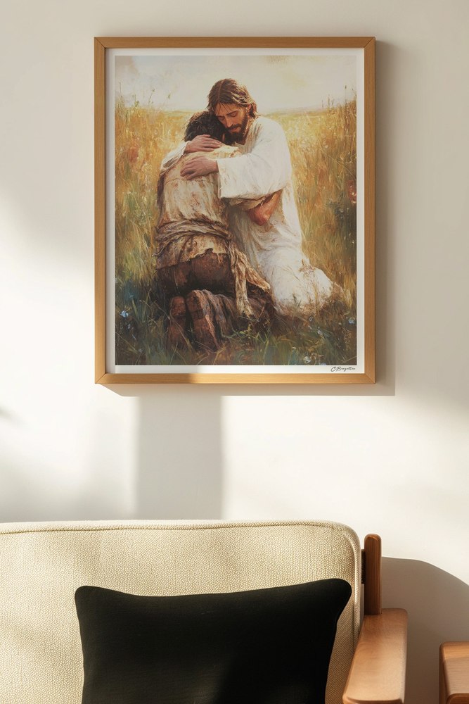 Prodigal Christian art, oak frame on wall above chair
