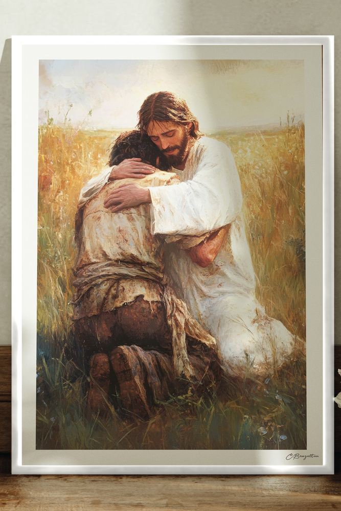 Prodigal Christian art, white frame leaning on ledge