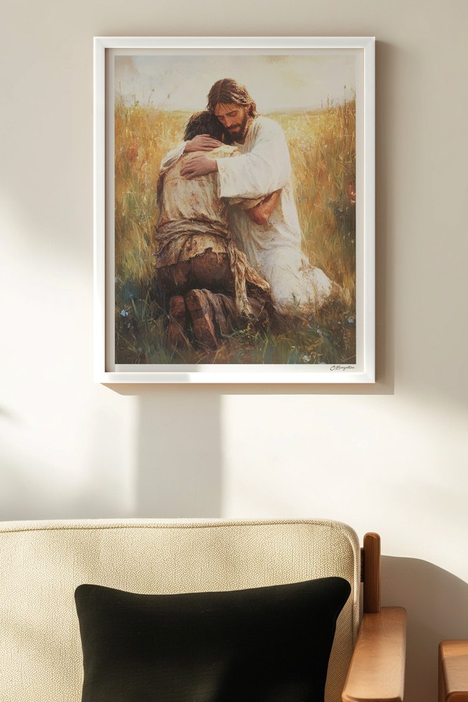 Prodigal Christian art, white frame on wall above chair