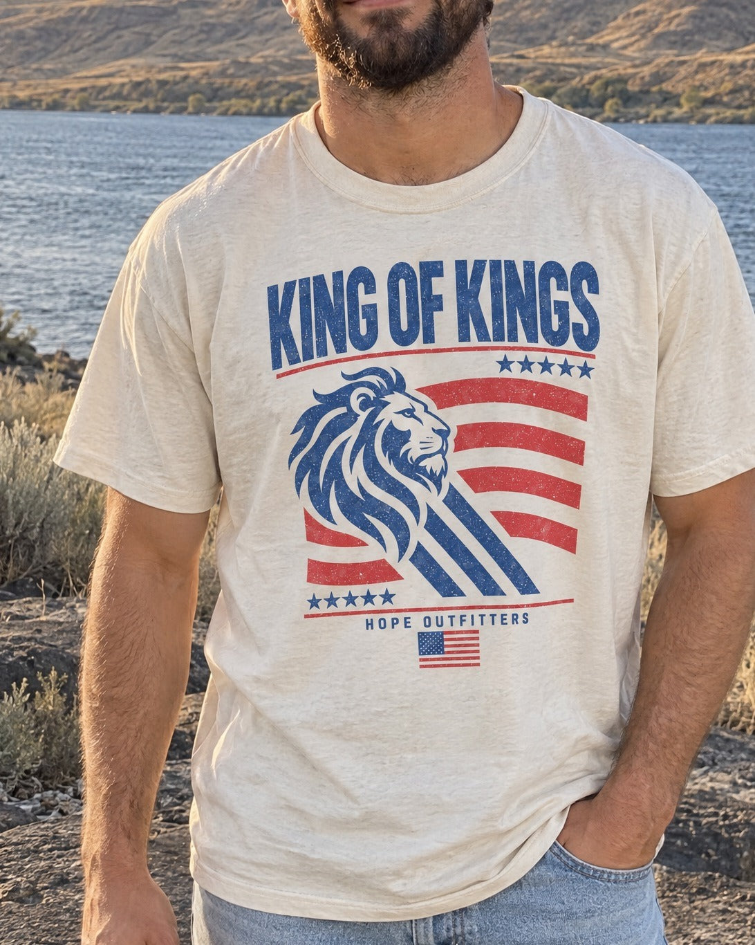 King of Kings Lion Tee - close-up of the King of Kings lion print worn by a bearded man