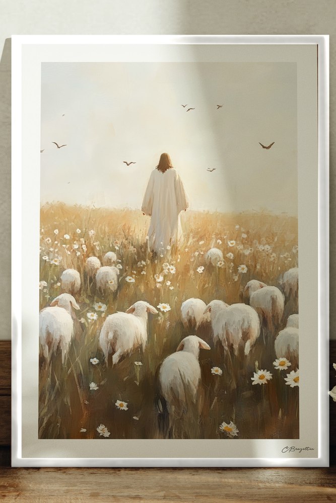 Safe in His Care #3 Christian art, white frame leaning on ledge
