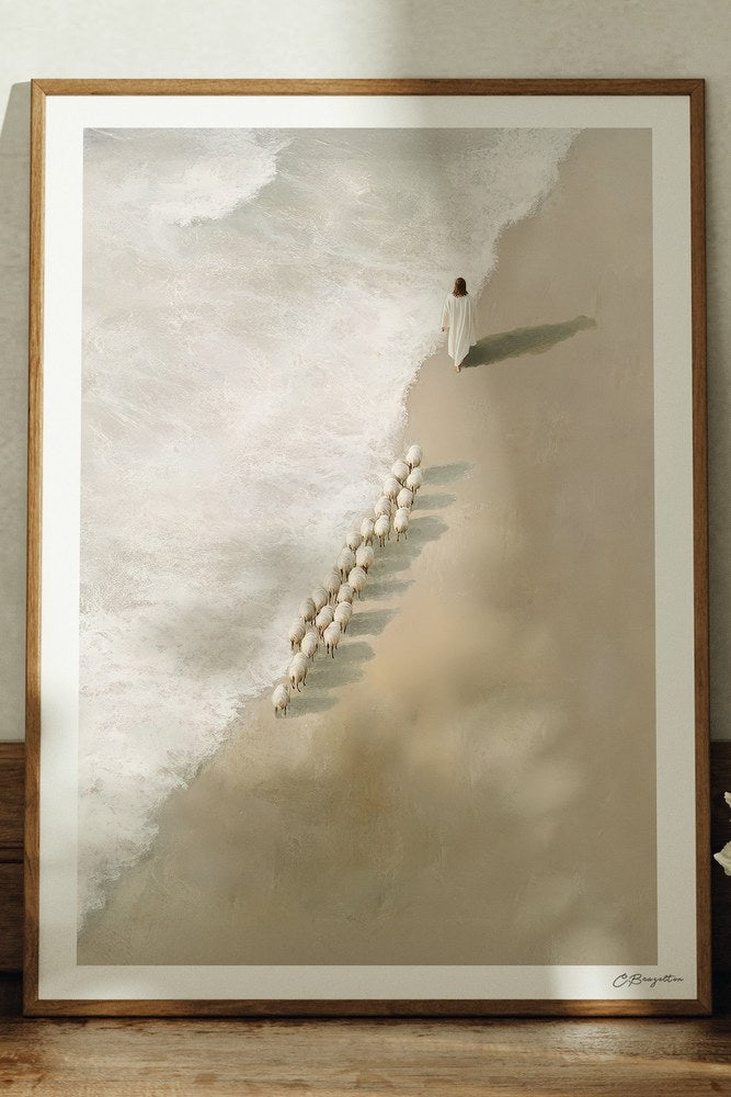 Safe in His Care #4 Christian art, oak frame leaning on ledge