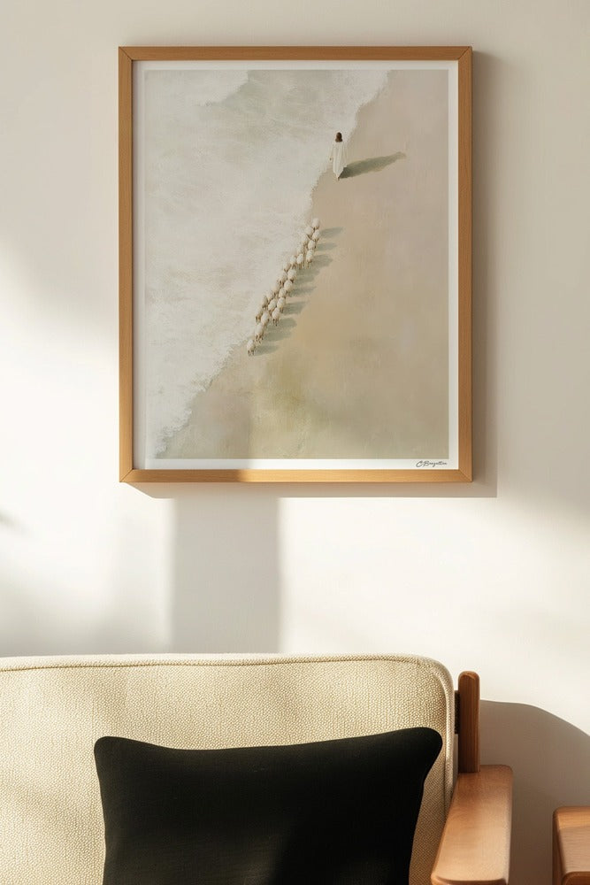 Safe in His Care #4 Christian art, oak frame on wall above chair