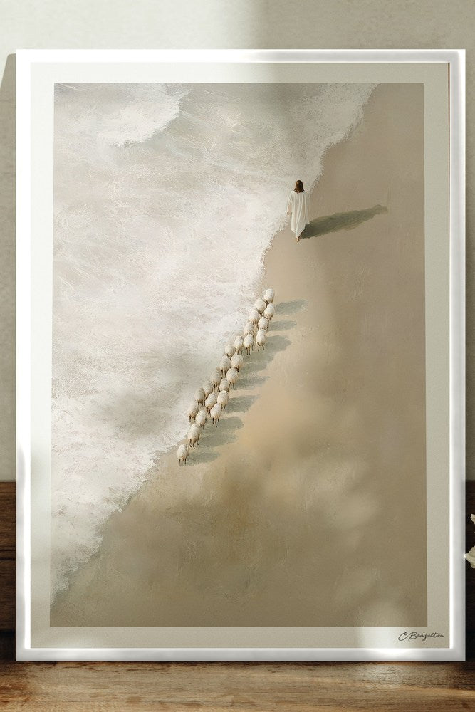 Safe in His Care #4 Christian art, white frame leaning on ledge