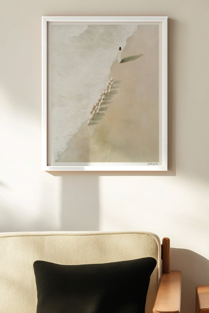 Safe in His Care #4 Christian art, white frame on wall above chair