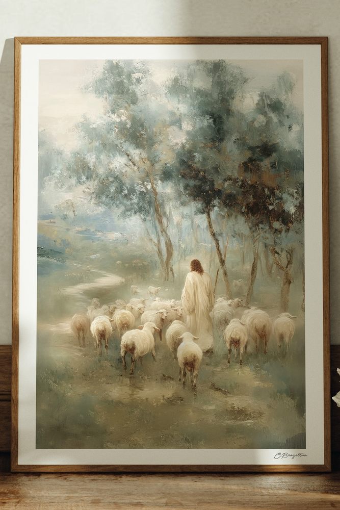 Safe in His Care #5 Christian art, oak frame leaning on ledge