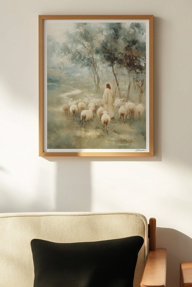 Safe in His Care #5 Christian art, oak frame on wall above chair