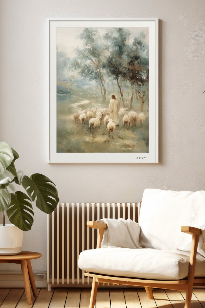 Safe in His Care #5 Christian art, white frame in living room