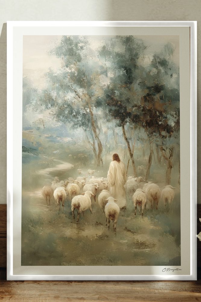 Safe in His Care #5 Christian art, white frame leaning on ledge