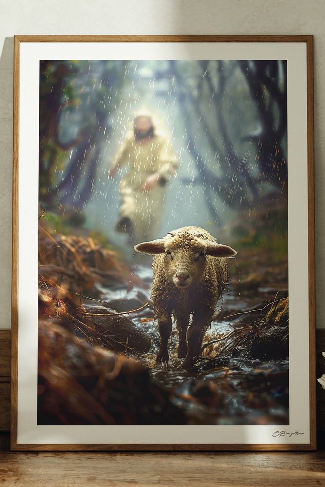 Shepherd in the Storm #2 Christian art, oak frame leaning on ledge