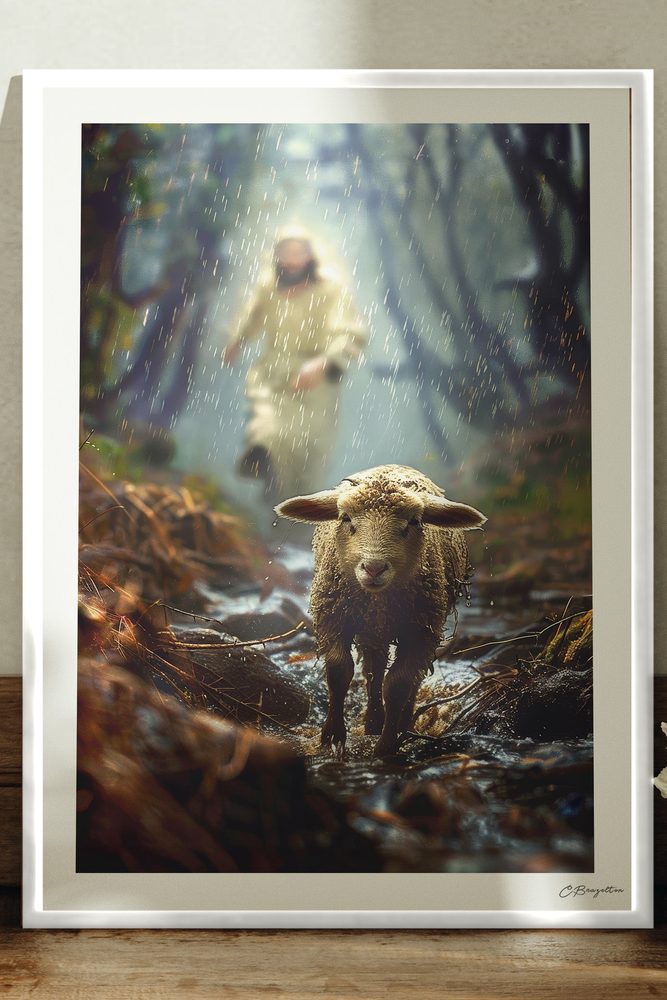 Shepherd in the Storm #2 Christian art, white frame leaning on ledge