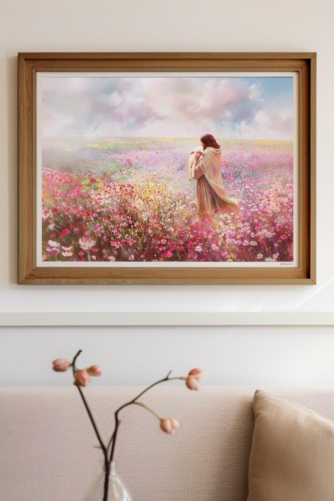 Shepherd's Care Christian art, oak frame on living room wall
