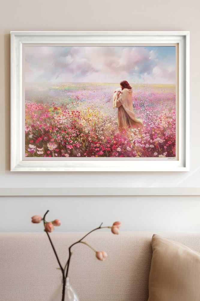 Shepherd's Care Christian art, white frame on living room wall
