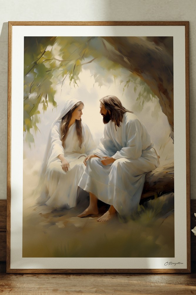 Spring of Life Christian art, oak frame leaning on ledge