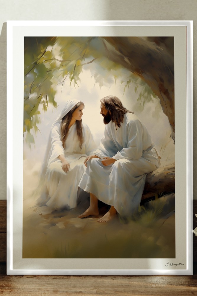 Spring of Life Christian art, white frame leaning on ledge