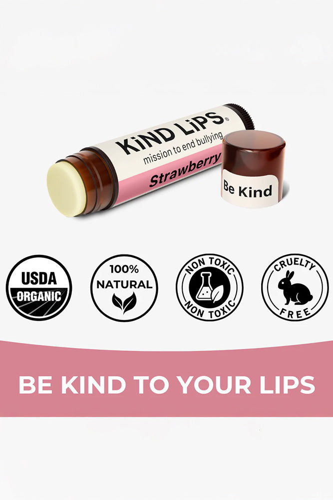 Organic Strawberry Chapstick tube with USDA Organic and cruelty-free badges